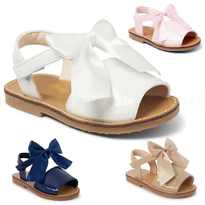 Girls Spanish Bow Sandals Shiny Patent Menorcan Style Baby White Pink Camel UK • £12.99