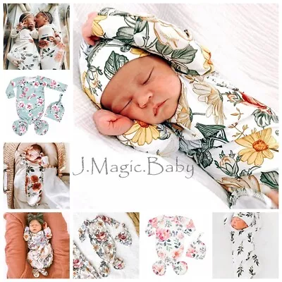 Newborn Baby Knot Swaddle Sleeping Bag Wrap Gown Hat Set Babyshower Gift • £11.63