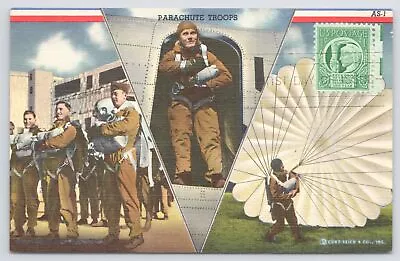 Military~Parachute Troops~3 Views~Center Photo In “V” For Victory~Vtg Linen PC • $3.50