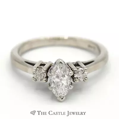 Elegant Marquise Diamond Engagement Ring With Round Diamond Accents In 14K White • $1595