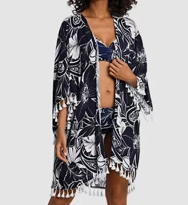 $93 La Blanca Women's Blue Half Sleeve Open Front Playa Cover Up One Size • $29.98