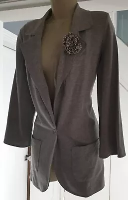 Grey Single Breasted Boyfriend Blazer Secretary Workwear Jacket & Brooch Size 12 • £15