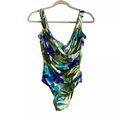 Miraclesuit One Piece Swimsuit Size 10 Blue Green Floral Ruched Underwire Bra • $29.99