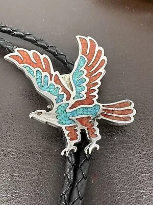 Turquoise & Coral Inlay Chips In Silver Tone Eagle Bolo Tie • $24