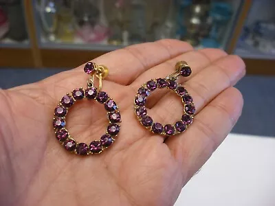 Vintage Purple Color Rhinestone Coro Screw Back Earrings #B180 • $9.99