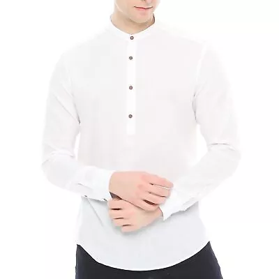 Xact Mens Cotton Linen Grandad/ Band Collar Tunic Shirt - Long Sleeved • £29.99