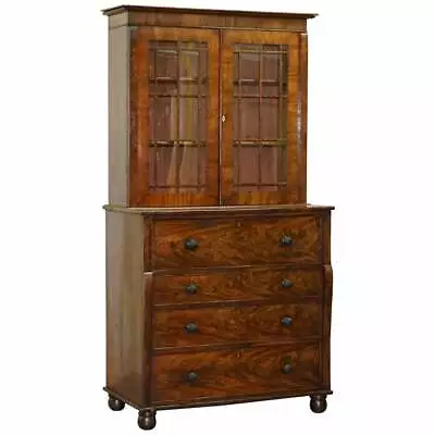 Rare Victorian Flamed Mahogany Library Bookcase Secretaire Desk Chest Of Drawers • $3108.38