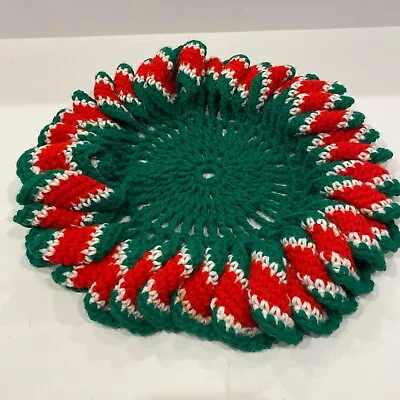 Vintage Handmade Crocheted Christmas Doily Red White Green Candy Cane 16.5” • $14