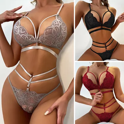 ⭐⭐⭐⭐⭐Women Lace Bralet Bra Lingerie Harness Brief Underwear G-String Thong Set • £7.29