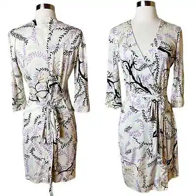 MISSONI Wrap Silk Dress Purple Brown White Foilage V-Neck EU 44 / Medium / 6-8 • $150