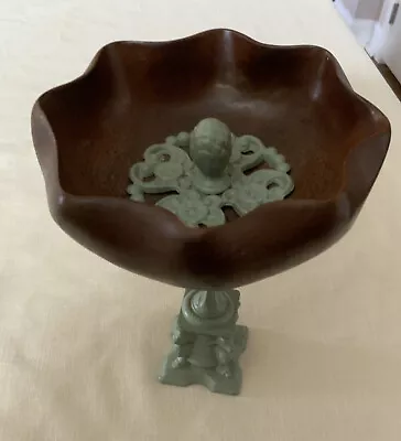 Vintage Wooden Pedestal Bowl With Cast Metal Base 7.5” Tall~Unusual Design • $9.99