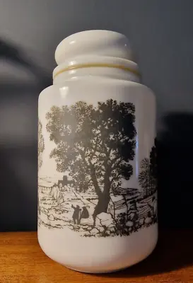 Vtg White Milk Glass Canister Countryside Scene  Lid Grey White • £11.50