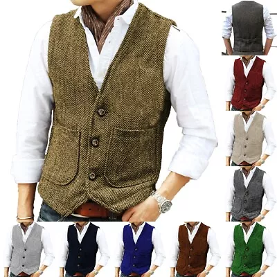 Men Hunting Waistcoat Tweed Vest Herringbone GroomsmanVintage Wedding Retro Wool • £23.99