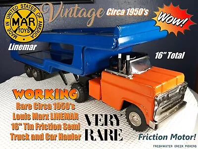 Rare Circa 1950's Louis Marx LINEMAR 16  Tin Friction Semi Truck And Car Hauler • $124.99