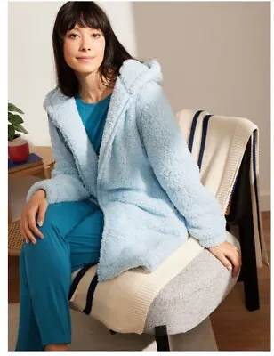 BNWT JOHN LEWIS SOPHIA BORG LOUNGING HOODIE HOUSECOAT Blue Teddy Fleece M Zipped • £29.99