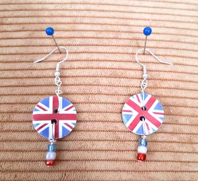 UNION JACK EARRINGS; CORONATION Etc Round; Glass Bead Dangles; Silver-plated • £5