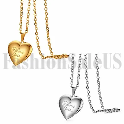 Stainless Steel  I Love You Heart Locket Photo Pendant Mom Lovers Necklace Gift • $8.54