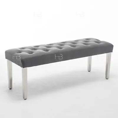 Grey PU Leather Chrome / Stainless Steel Legs Deep Buttoned Bench Brand New 2023 • £149.99