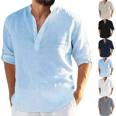 $19.09 • Buy Mens Button V Neck Linen Shirt Long Sleeve Work Beach Casual Loose Fit Tops Tee