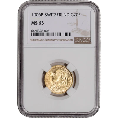$790 • Buy 1906 B Switzerland Gold 20 Francs - NGC MS63