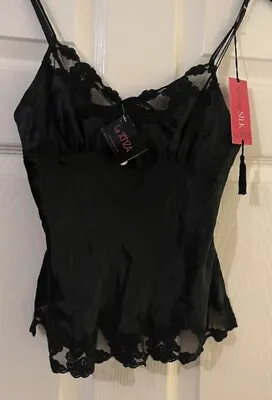 La Senza Black 100% Luxury Silk Evita Cami With Appliqué Lace Size 8 • £25