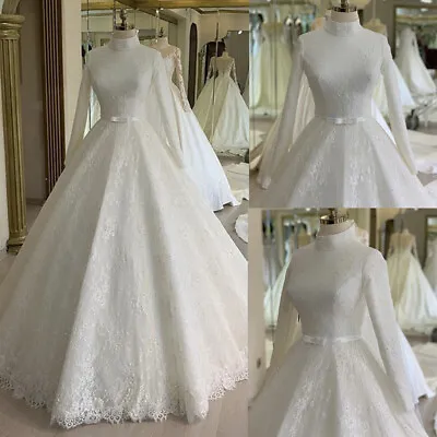 Elegant Beaded White Muslim Wedding Dresses High Neck Lace Appliques Bridal Gown • $140.29