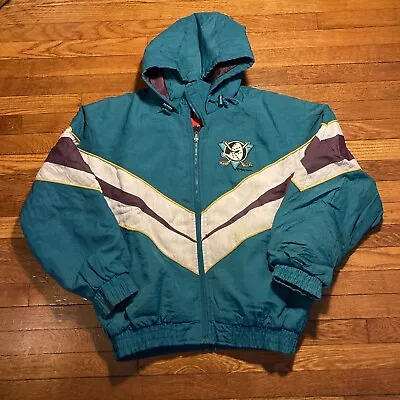 Vintage 90s Mighty Ducks FANS Nylon Starter Style Jacket Sz M Teal Hooded NHL • $59.99