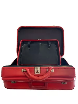 Vintage 1970's Red Soft Sided Travel Luggage Suitcase Checked Baggage • $37