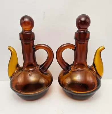 Vintage MCM Amber Glass Cruet Decanter Oil Vinegar 6 Inch Pitchers W/ Stoppers • $28.95