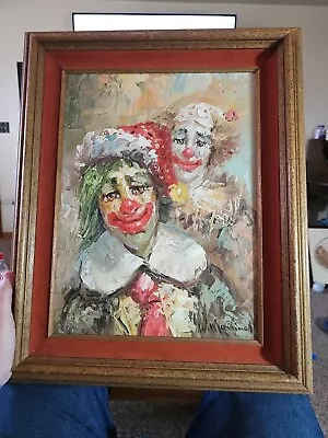 Vintage Original Art Oil Painting On Canvas Artist Signed W. Moninet  Clowns • $149.99