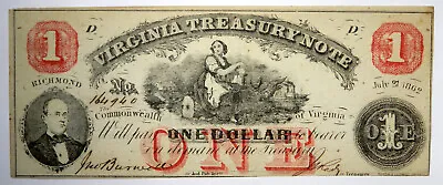1862 $1 Virginia Treasury Note Obsolete ~ Uncirculated! Inv#164940 • $58
