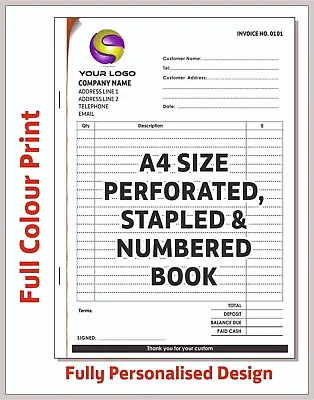 PERSONALISED A4 INVOICE RECEIPT BOOK / NCR / PAD / Duplicate Sets FREE P&P BEST • £102