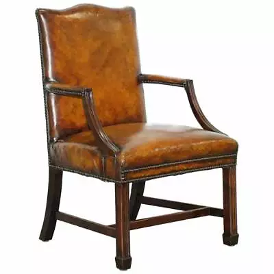 Lovely Early 19th Century Restored Gainsborough Carver Armchair In Brown Leather • £2250