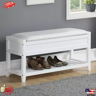 Entryway Bench With Shoe Storage Wood White Easy Assembly PU Upholstery • $122.71