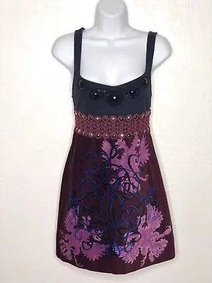 WoW~ FP Free People Sz 4 Tank Dress Purple Velvet Floral Beaded Embellished L15 • $18.99