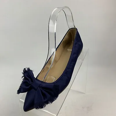 J. Crew Lottie Flats Navy Blue Satin Pointy Bow Slip On Shoes Size 7 • $39.95