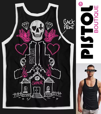 Pistol Boutique Men's Black SINNER CHURCH SKULL Back Print Vest Top Singlet Tank • £25.19