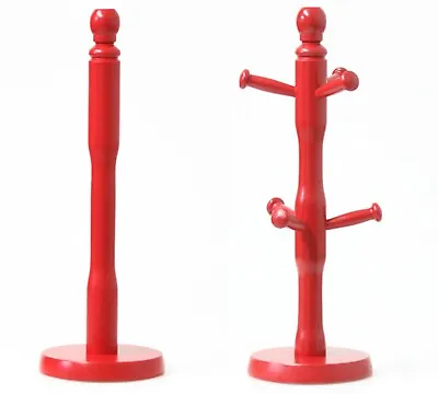 £12.95 • Buy Set Of 2 Wooden 6 Cup Mug Tree & Kitchen Paper Stand Rack Towel Roll Holder Red