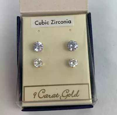 2 X Pairs Of 9ct Gold & Cubic Zirconia Studs Earrings Warren James Small Pretty • £14.99