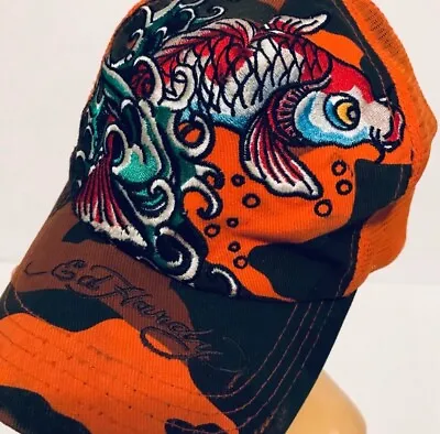 Vintage Ed Hardy Koi Fish Trucker Hat Orange Camo Mesh SnapBack Embroidered READ • $40