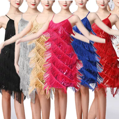 Women Shiny Latin Sequin Fringed Dance Dress Samba Cha Cha Tango Dress Costume • £13.19