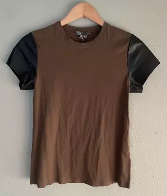 VINCE Crew Neck Cotton T-Shirt Lamb Leather Short Sleeves XS Brown NWT • $25