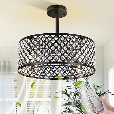 18  Modern Crystal Ceiling Fan Light Bladeless Caged Chandelier Fan Lamp +Remote • $79.99