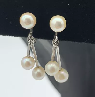 STERLING SIGNED Vintage SALTWATER PEARL Screw Back Dangle Earrings Excellent • $78