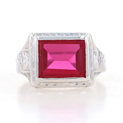 White Gold Synthetic Ruby Art Deco Men's Ring - 14k Rect Step Vintage Solitaire • $399.99