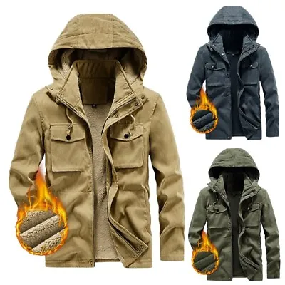 Male Casual Plush Solid Outdoor Cargo Jackets Hooded Long Sleeve Multi Pocket • $61.33