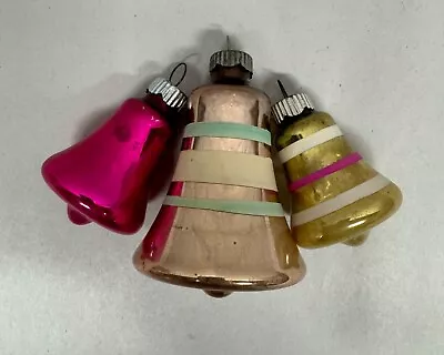 Vtg Shiny Brite Mini Bell Christmas Ornaments Striped Pink Gold Glass Lot Of 3 • $18