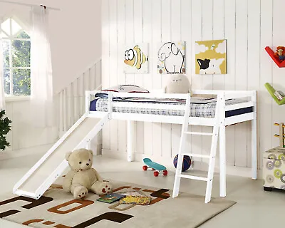 Kids Cabin Bunk Bed Mid Sleeper With Slide And Ladder Wooden And Mattress Choice • £149.99