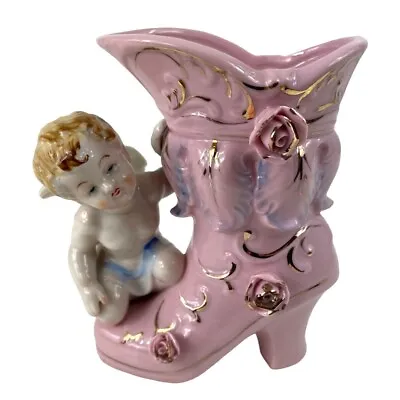 Ucagco Pink Porcelain Boot Figurine Adorned With Cherub & Roses Gold Accents • $27.99