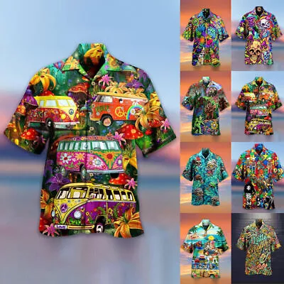 Hawaiian Shirts Mens Palm Tree Beach Holiday Party Short Sleeve Skull Fancy Tops • £12.89